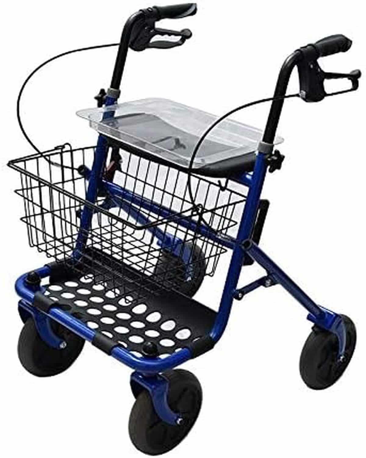 Test du rollator pliable en acier bleu avec 4 roues, siège et freins