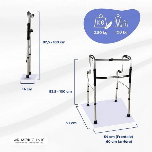 Mobiclinic®, Déambulateur Pliable, Réglable en Hauteur, Pórtico, Déambulateur sans Roues, Léger, Embouts Antidérapants, Résistant, Aluminium