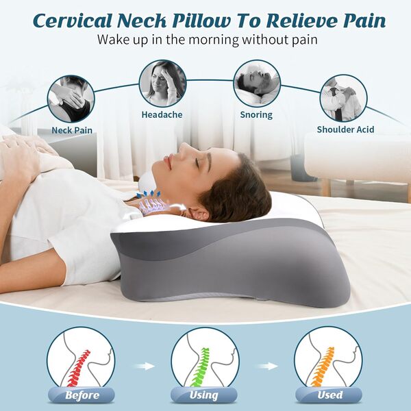 Oreiller cervical pour soulager la douleur – Oreiller ergonomique pour dormir, oreiller orthopédique contour pour soutien du cou, oreillers rafraîchissants en mousse à mémoire de forme pour les