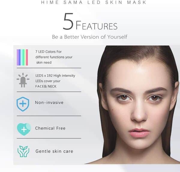 HIME SAMA LED masque facial- 7 couleurs la peau pour le visage et le cou, Portable, Convient pour la maison et les voyages (A-021)