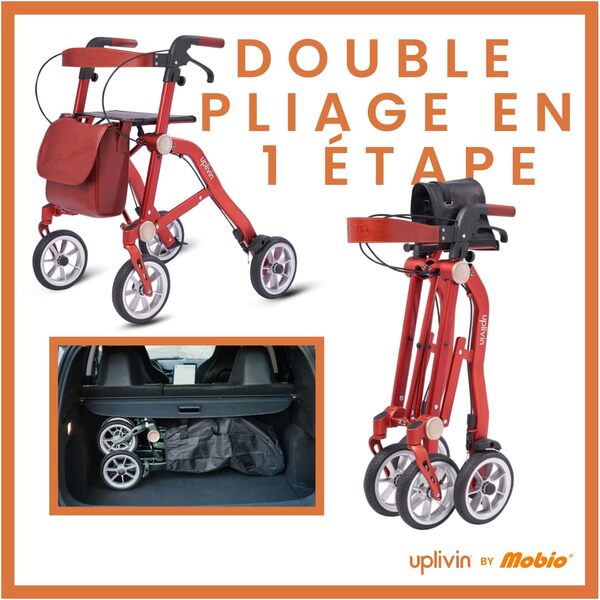 Uplivin Trive - Déambulateur 4 roues Pliable Leger, Déambulateur à roues, 3 accessoires inclus, Deambulateur Pliant, Rollator Terracotta, By Mobio