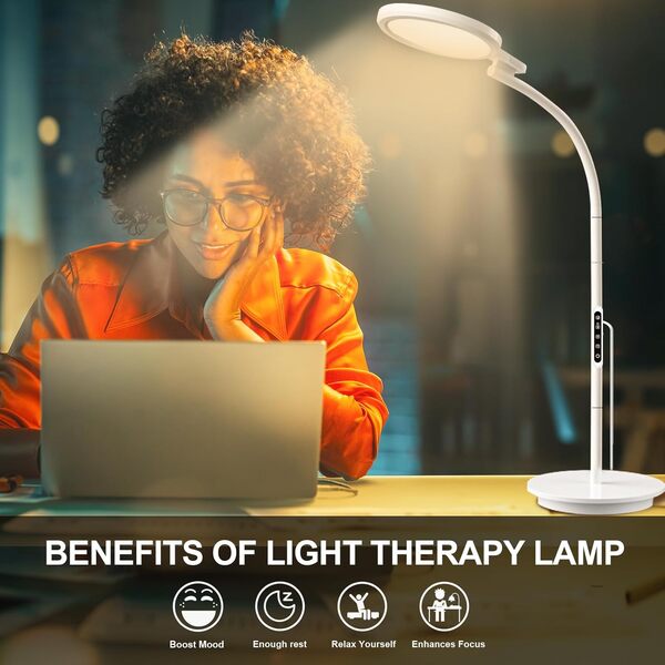 Trayvespace Lampe Luminothérapie, 10000Lux Plancher Rond Luminothérapie SAD, 3-en-1 Luminothérapie Lampe avec Télécommande & Contrôle Tactile & Col de Cygne Ajustable pour la Lecture/Bureau/Maison [Classe énergétique F]