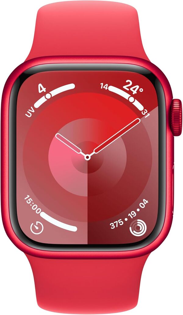 Apple Watch Series 9 (41 mm GPS + Cellular) Smartwatch avec boîtier Aluminium et Bracelet Sport (Product) Red (S/M). Suivi de l’activité Physique, apps Oxygène sanguin et ECG, résistance à l’Eau