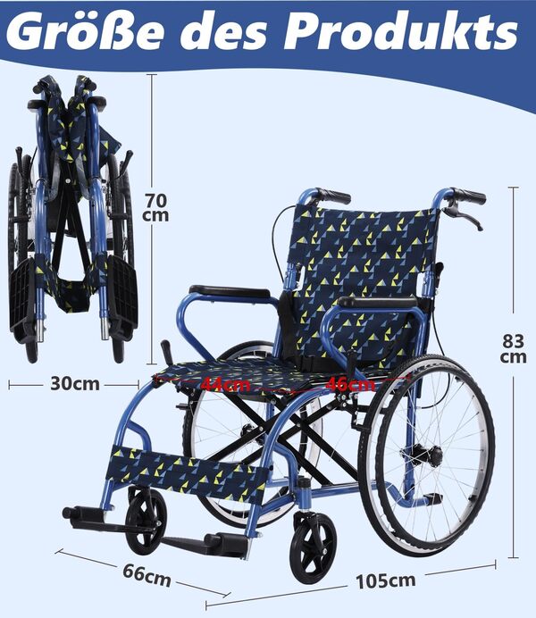 Broobey Fauteuil roulant, pliable, léger, jusqu'à 120 kg, avec double freins, 12,5 kg, auto-propulsion pour personnes âgées, roue arrière de 50 cm anti-crevaison pour tous les terrains