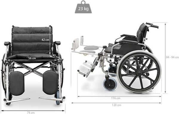Fauteuil roulant QUIRUMED SPECIAL LARGEUR 56 CM, Acier, Pliable, Rembourrage supplémentaire, Accoudoirs amovibles, Repose-pieds 90°, Jusqu'à 125 kg