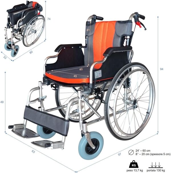 Polironeshop KEROS - Fauteuil Roulant Landau Pliable en Aluminium Léger, Auto-Poussé, Idéal pour Mobilité Réduite, Pratique et Confortable pour Usage Quotidien