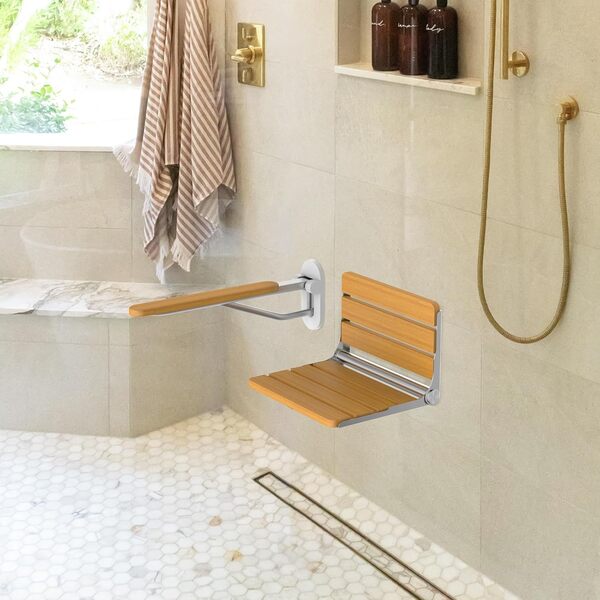 Heuffe Siège Douche Pliable Mural - Portée 200kg Dossier Confort, Anti-Dérapant Adulte/Handicapé, Banc Rabattable Chêne,Bois