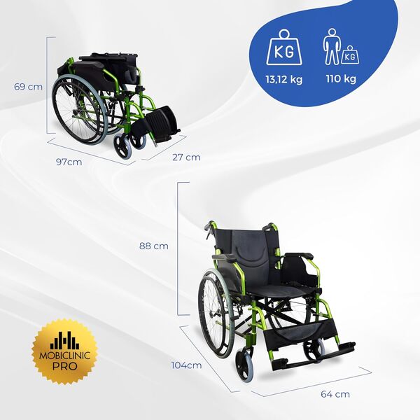 Mobiclinic®, Bolonia, Fauteuil roulant, Pliable et léger, Aluminium, Dossier divisible, Repose-pieds amovible, Pliables, Accoudoirs pliants, Pour adultes, Vert