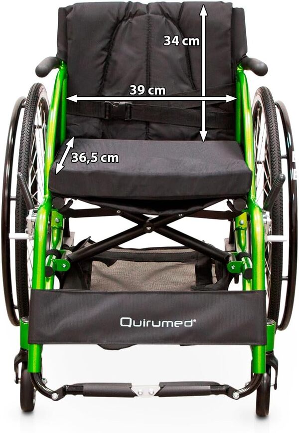 QUIRUMED Fauteuil roulant de sport, Pliable, Aluminium, Siège rembourré, Ceinture de sécurité, Libération rapide, Frein manuel, Poche porte-objets, 74 x 57 x 84 cm