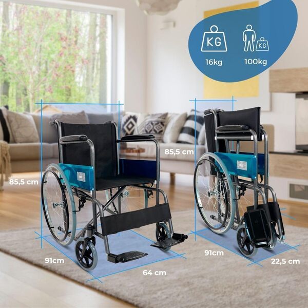 Mobiclinic®, Fauteuil roulant pliable, Léger, Alcazar, Automoteur, Frein de parking, Siège 46cm, Marque européenne, Repose-pieds pliants, Accoudoirs rembourrés, Robuste, Roulettes mazic, Noir