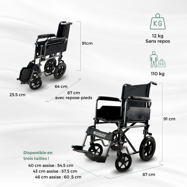 Mobiclinic®, Fauteuil roulant pliable, S230, Léger, Siège 46 cm, Repose-pieds rabattables et amovibles, Accoudoirs rembourrés, Petites roues, Frein de stationnement à pied