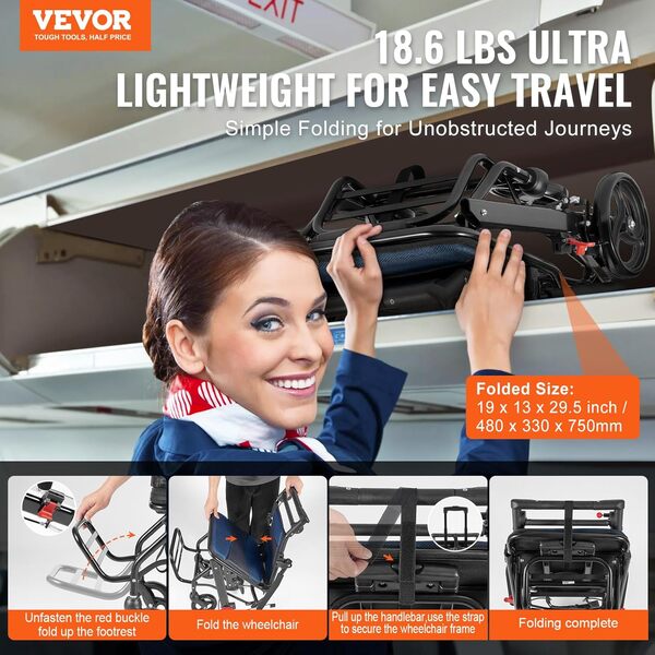 VEVOR Fauteuil roulant alliage d'aluminium, siège large 40 cm, chaise de transport ultra-légère pliable avec accoudoirs rabattables, frein autobloquant, capacité charge 100 kg, pour personnes âgées