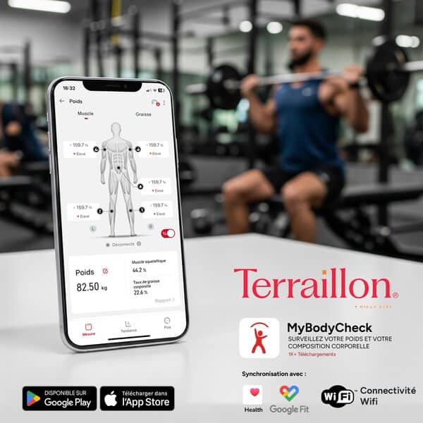 TERRAILLON - MASTER COACH EXPERT- Balance connectée Wi-Fi, 8 Electrodes invisibles, Analyse des masses graisseuse, musculaire, hydrique, osseuse et viscérale, IMC, Capacité 180 kg, Plateau verre, Bleu