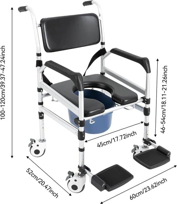 Chaise de douche, WC, avec roulettes, hauteur réglable de 46 à 54 cm, pliable, capacité de charge de 160 kg, pour personnes âgées, fauteuil roulant anti-chute avec toilettes, seau amovible