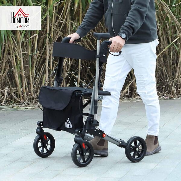 HOMCOM Déambulateur pour personnes âgées pliable et réglable en hauteur, déambulateur à roulettes avec siège, 4 roues, double frein et sac de rangement, déambulateur pour personnes âgées et