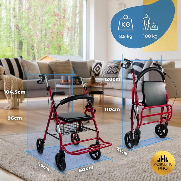 Mobiclinic®, Déambulateur pour Personnes Àgées, Avec Siège et Repose-pieds, Fabriqué en Aluminium, Résistant et Léger, Pliable, Freins sur Poignées, Rouleau, Marque Espagnole, Modèle Colon, Bordeaux