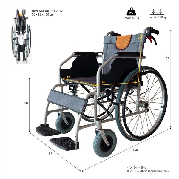 LIGERA - Fauteuil Roulant Manuel Pliant en Aluminium Léger pour Personnes Âgées et Handicapées, Confortable, Pratique, Compact et Facile à Transporter