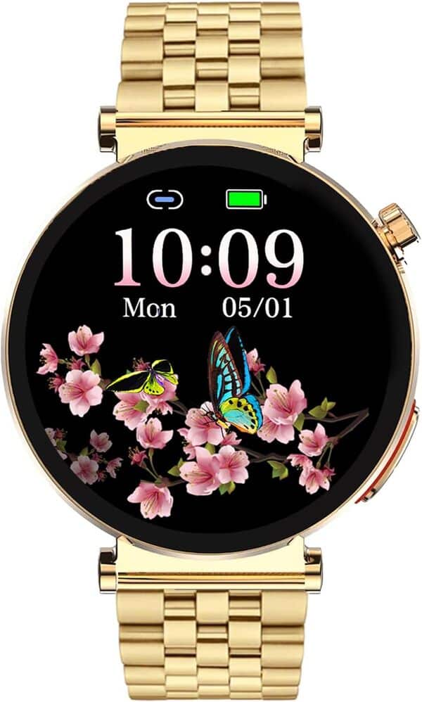 Knauermann Neo 2 (2025) - Montre Intelligente Ronde dorée - Fonction ECG + HRV - BT Bluetooth - Apnée du Sommeil - Pression artérielle - Bracelet à maillons (Acier Inoxydable) + Outils