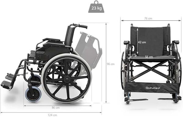 QUIRUMED Fauteuil roulant, LARGEUR SPÉCIALE 56 CM UTILES, pliable, Acier, Rembourrage amovible, siège spacieux, Facile plié, Accoudoirs amovibles, Pour personnes handicapées