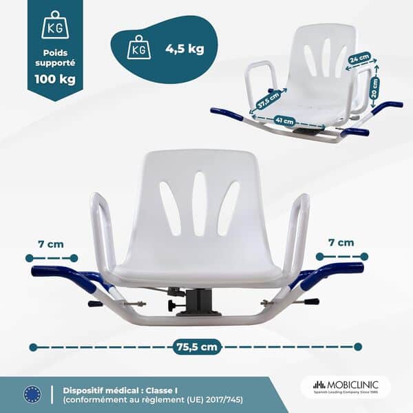 Mobiclinic, Chaise de Bain, Lago, Marquage ce, Tabouret Douche pour Personnes âgées ou handicapées, Siège pivotant, Barres sécurité latérales, Hauteur réglable, Antidérapants, Blanc