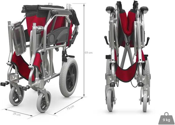 QUIRUMED Fauteuil roulant pliable pour transfert, Structure en aluminium, Ultra-léger, Freins d'accompagnement, Pliage Compact, Orthopédique