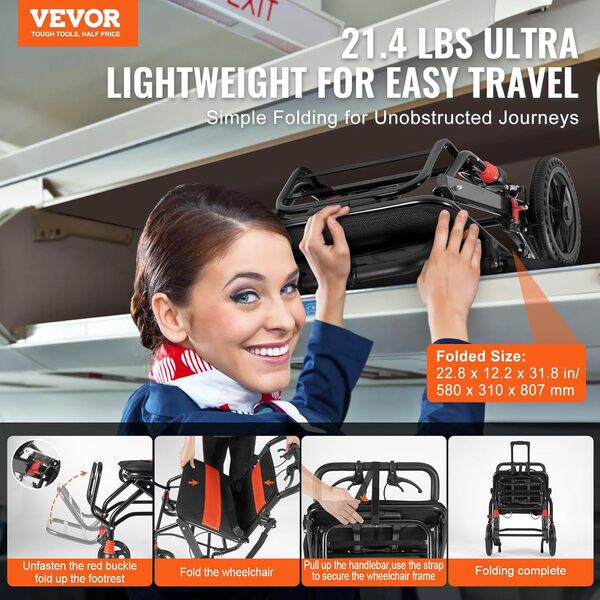 VEVOR Fauteuil roulant alliage d'aluminium, siège large 45,7 cm, chaise de transport ultra-légère pliable avec accoudoirs rabattables, frein autobloquant, capacité charge 100 kg, pour personnes âgées