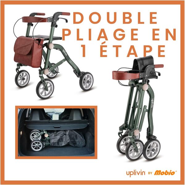 Uplivin Trive - Déambulateur 4 roues Pliable Leger, Déambulateur à roues, 3 accessoires inclus, Deambulateur Pliant, Rollator Vert, By Mobio