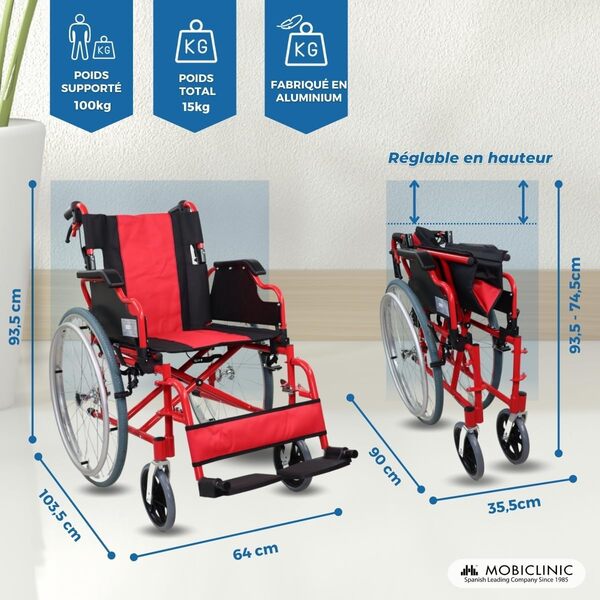 Mobiclinic, Fauteuil roulant pliant, Mod. torre, Aluminium, Double système de freinage, Repose-pieds et accoudoirs rabattables amovibles, Dossier divisible, Siège 44 cm, Orthopédique, Léger