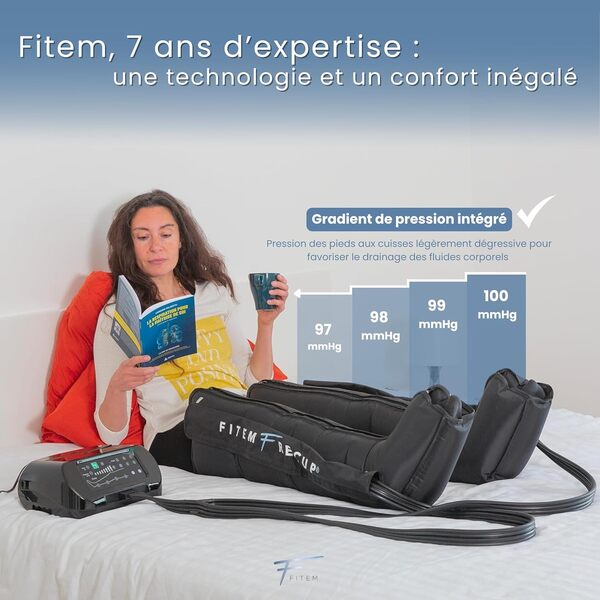 Fitem Bottes de Pressothérapie - 4 chambres, 6 Modes - Massage des Jambes et pieds - Drainage lymphatique - Jambes Lourdes - Rétention d'eau - Anti-Cellulite - Récupération sportive - Garantie 2 ans
