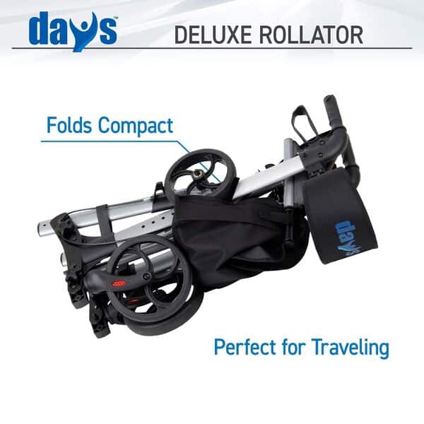 Days Deluxe Lightweight Folding Four Wheel Rollator, Rollator, Easy Storage and Travel, Carry Bag, Mobility Aids, Adjustable Seat Height 55 cm
