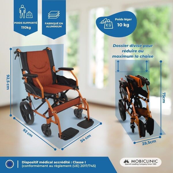 Mobiclinic®, Fauteuil roulant, Pliant, Léger, Siège 41 cm, Deux systèmes de freinage, Dossier, Aluminium, Repose-pieds pliants, Modèle pirámide, Petites roues, Accoudoirs fixes