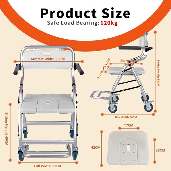 Fauteuil Roulant Douche, Tabouret de Douche sur Roulette, Chaise pour Douche Adulte Handicapé, Siège de Douche avec Accoudoirs - Robuste et Durable - Imperméable et Antirouille