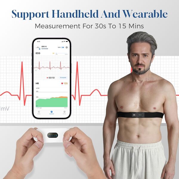 CheckMe DuoEK-S ECG Portable, avec Analyse des Rapports ECG, 30s - 5 min de Surveillance, Bluetooth Wireless Moniteur ECG Portable avec écran OLED 0,96 pouces, APP pour iOS & Android