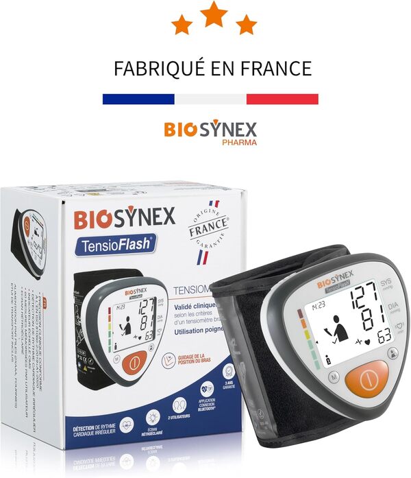 BIOSYNEX - TensioFlash - Tensiomètre Poignet Fabriqué en France - Mesure la Tension Artérielle et la Fréquence Cardiaque - Arythmie - Hypertension - Garantie trois ans