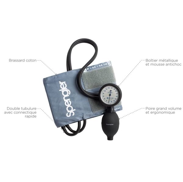 SPENGLER Lian Classic, Tensiomètre Mécanique pour Mesure de la Pression Artérielle, Précis, Double Tubulure, Résistant, Mécanisme Horloger, Poire Grand Volume, Connectique Facile, Brassard M Fourni (Gris, taille M, en nylon)