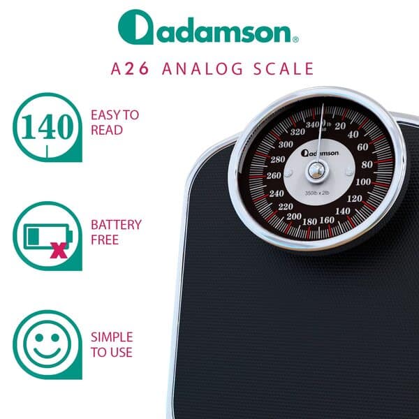 Adamson A26 Balance Pèse Personne Analogique - Nouveauté - Jusqu'à 160kg, Surface Antidérapante, Chiffres Extra Larges, Pèse Personne Mécanique, Garanti 20 Ans - Chambre et Salle de bain