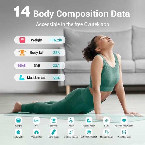 Ovutek Balance intelligente pour poids corporel, balance numérique de salle de bain, balance de masse grasse corporelle, moniteur précis de la composition corporelle pour la santé des personnes avec