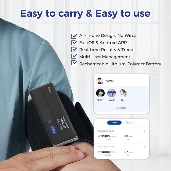 CheckMe Tensiomètre Bras - Tension Arterielle Bras Précis avec Synchronisation des APP, Mode Multi-Utilisateurs, Affichage des Tendances & Partage des Rapports, pour iOS/Android, 22-42cm