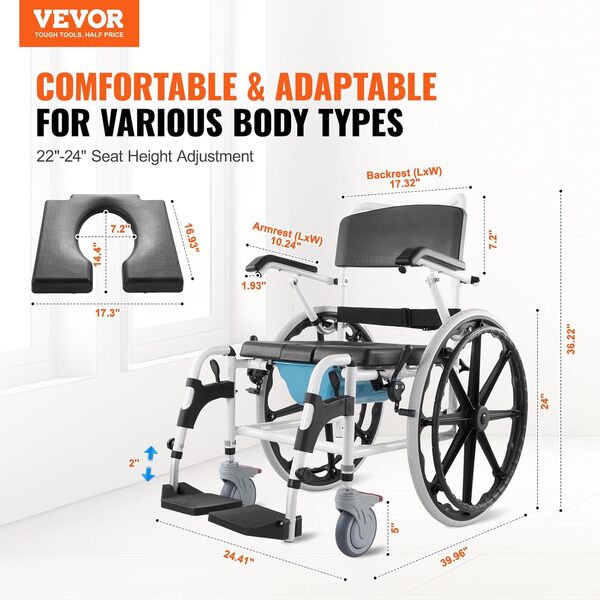 VEVOR Fauteuil Roulant de Douche, 440 mm, Fauteuil Roulant de Salle de Bain en Alliage d'aluminium, capacité de Charge 136 kg, Chaise de Douche roulante réglable avec Frein pour Personnes handicapées