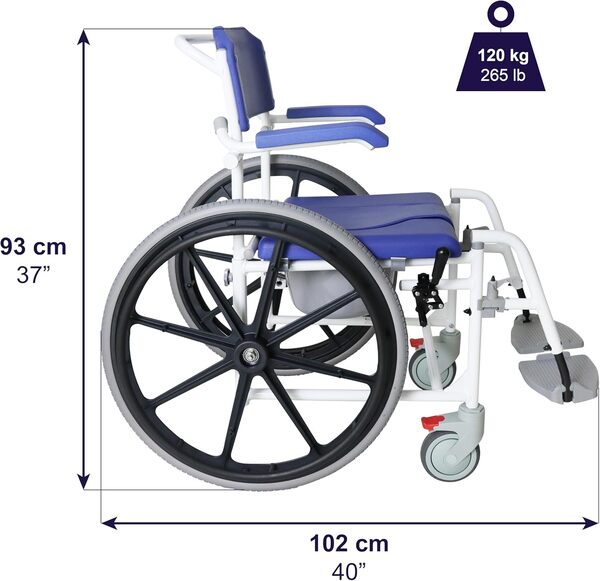 KMINA Fauteuil Roulant Douche Autopropulsé, Chaise Percée Adulte à Roulettes, Fauteuil de Douche Handicapé, Siège Toilette et Bain - Modèle PRO
