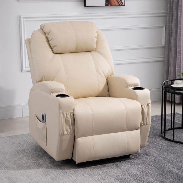 HOMCOM Fauteuil de Massage Inclinable, Chaise de Relaxation avec Dossier et Repose-Pied électrique réglables revêtement synthétique pour Salon, Chambre, Cinéma Maison Crème