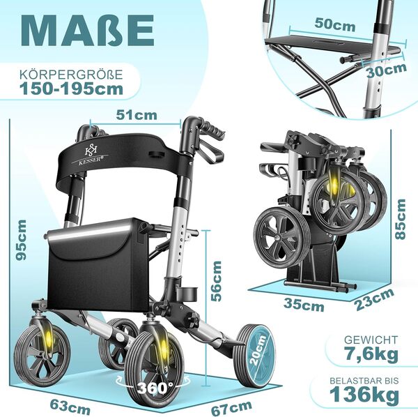 KESSER Déambulateur léger et pliant 4 roues, équipement complet pliable 3 positions pour coffre de voiture et voyageur Hauteur réglable,