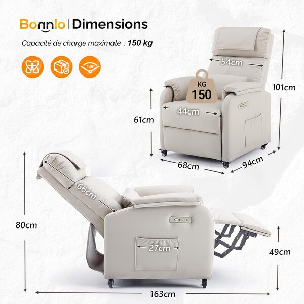 Bonnlo Fauteuil Massant, Fauteuil de Relaxation avec 2 Points de Massage et Chauffage, Dossier et Repose-Pieds Réglable Automatiquement, Équipé d'un Appui-tête et Un Coussin, Gris Nacré, Cuir