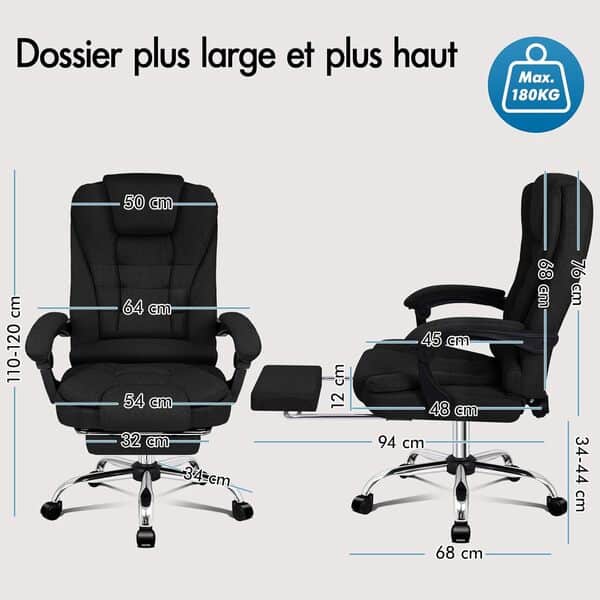 ALFORDSON Chaise de Bureau Ergonomique, Fauteuil Fonction de Massage Thermique, Chaise d'ordinateur en Tissu en Lin avec accoudoirs rembourrés et Appui-tête Souple, Chaise pivotante à roulettes, Noir
