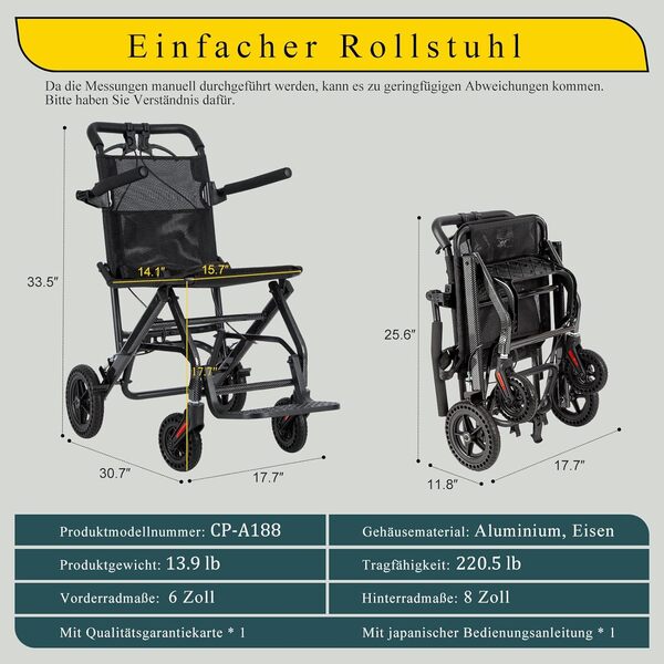 Fauteuil roulant de transit,Pliant,Ultraléger(6.3kg),Siège 40 cm,Aluminium,Freins sur les poignées,Ceinture de sécurité,Chaise roulante,Pour personnes âgées,Jusqu'à 100 kg