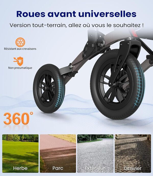 VOCIC Deambulateur 4 roues pliable leger pour personnes âgées,Deambulateur avec assise et panier,Déambulateur en aluminium réglable en hauteur pour l'extérieur et les voyages,Gris(Garantie 5 ans)