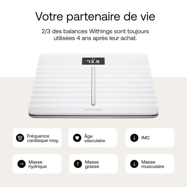 Withings Body Cardio - Balance connectée WIFI et Bluetooth Avec Suivi Cardiovasculaire et Analyse de la Composition Corporelle (Poids, Masse Grasse/Musculaire/Osseuse, Eau), Balance Pese Personne