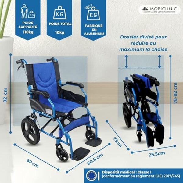 Découvrez notre analyse complète du fauteuil roulant Mobiclinic Pirámide : léger, pliable et pratique pour un usage quotidien