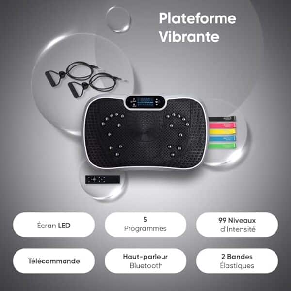 Découvrez notre test détaillé de la plateforme vibrante 99 niveaux avec bluetooth et télécommande. Caractéristiques, performances et avis complets pour bien choisir. 